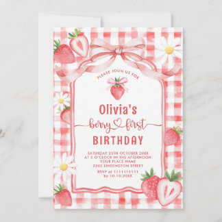 Trendy Watercolor Strawberry Baby First Birthday Einladung