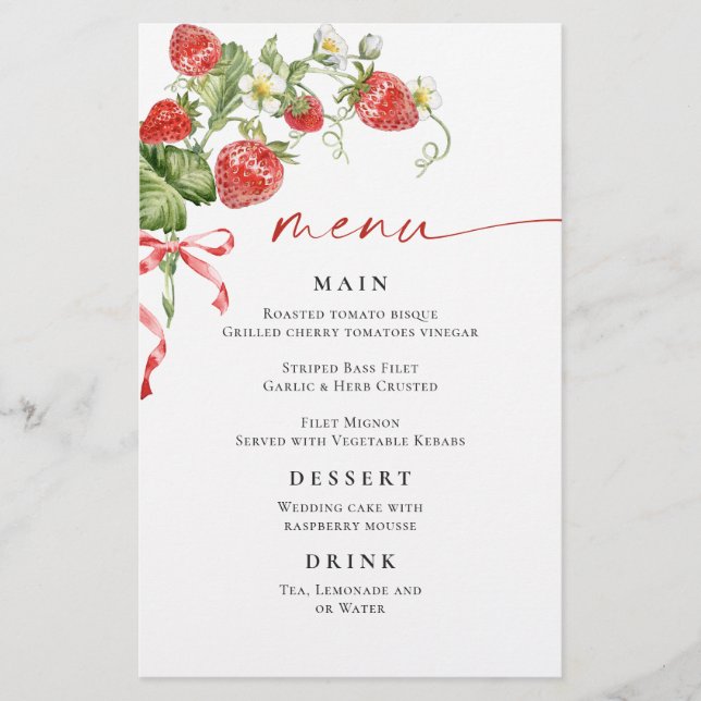 Trendy Watercolor Strawberry Brautparty Menu (Vorderseite)