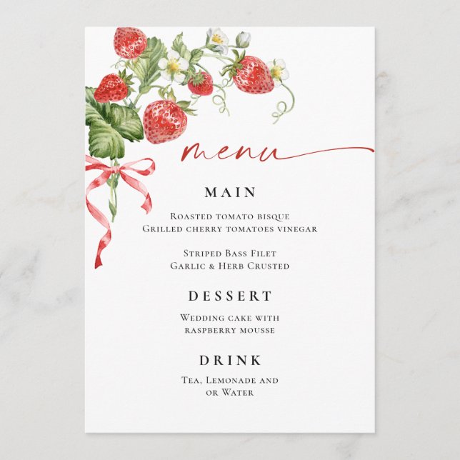 Trendy Watercolor Strawberry Brautparty Menu Menükarte (Vorderseite)
