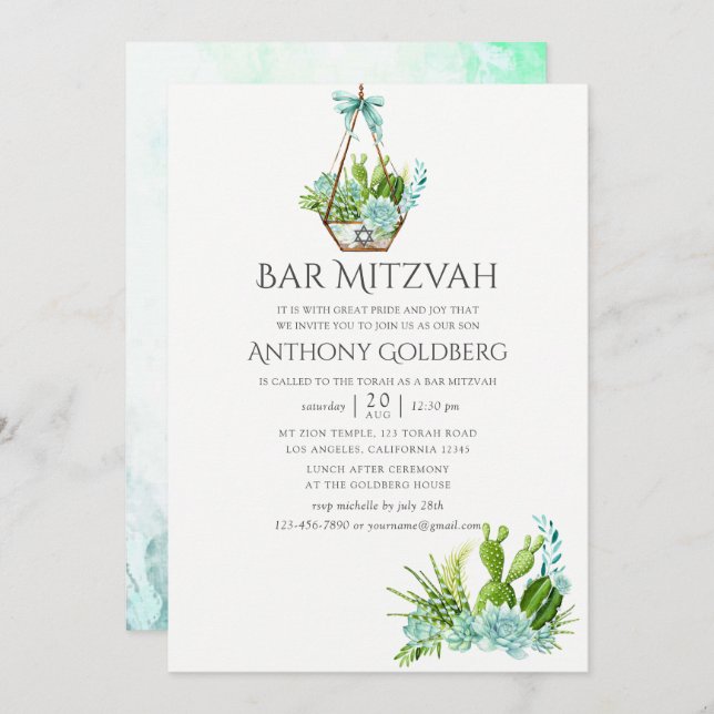 Trendy Watercolor Succulents Bar Mitzvah Einladung (Vorne/Hinten)