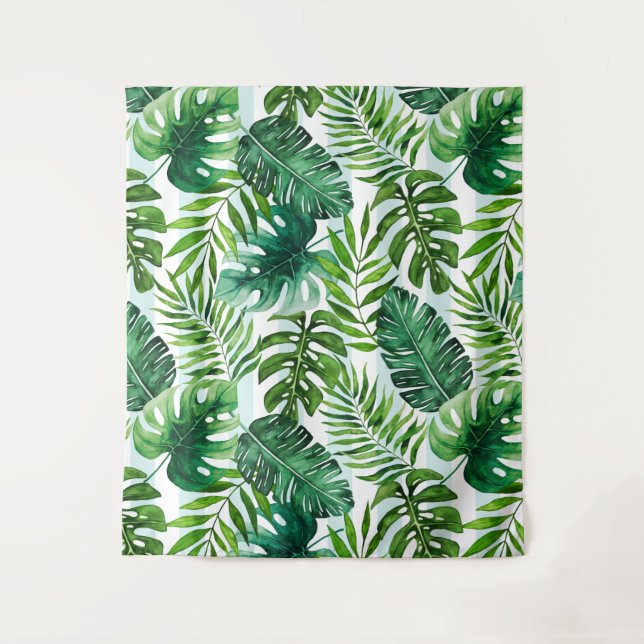 Trendy Watercolor Tropical Monstera & Palm Blätter Wandteppich (Vorderseite)
