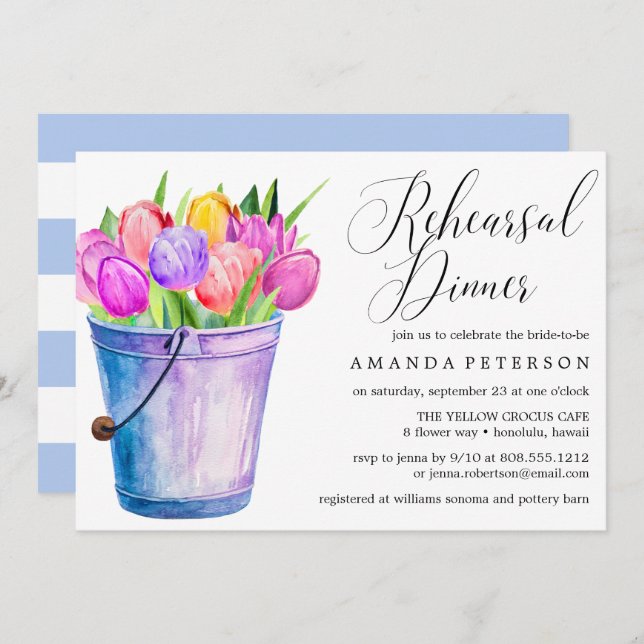 Trendy Watercolor Tulips Rustikale Probe Dinner Einladung (Vorne/Hinten)