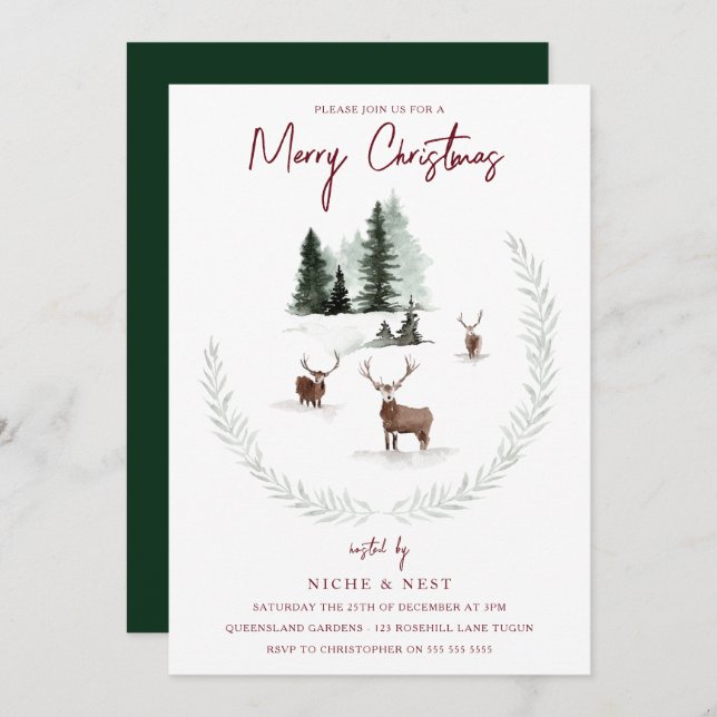 Trendy Watercolor Woodland Tiere Weihnachts-Party Einladung (Vorne/Hinten)
