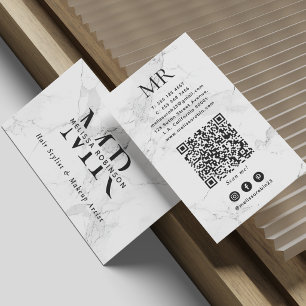 Trendy Weißer Marmor Make-up-Artist Monogramm QR-C Visitenkarte