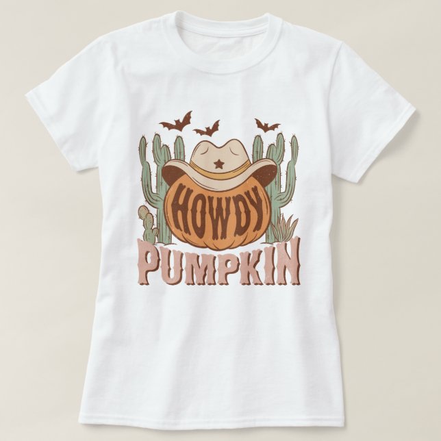 Trendy Western Funny Howdy Pumpkin Halloween T-Shirt (Design vorne)