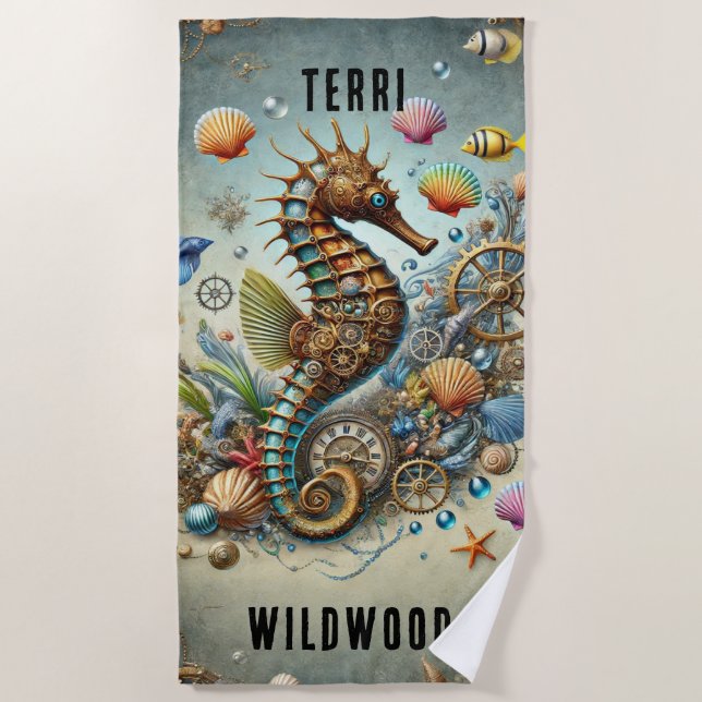 TRENDY WHIMSICAL STEAMPUNK SEEPFERD, PERSONALISIER STRANDTUCH (Vorderseite)
