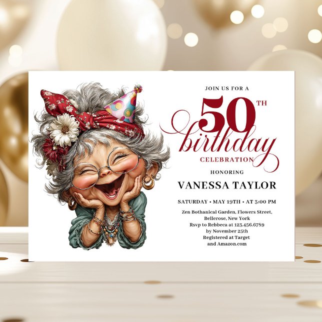 Trendy Whimsical Woman 50th Birthday Funny Humor  Einladung (Trendy Whimsical Woman 50th Birthday Funny Humor Invitation)