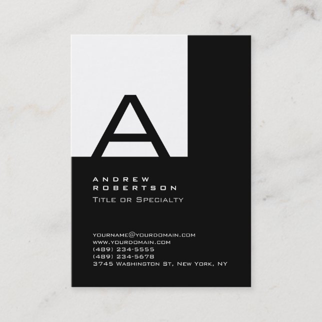 Trendy White Black Monogram Strip Business Card Visitenkarte (Vorderseite)