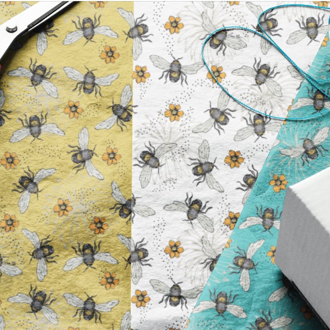 Trendy White Buzzing Spring & Summer Honeybee Seidenpapier (Cute, happy bees and yellow Cosmos Spring and Summer flowers. In many colors and wrapping paper too )