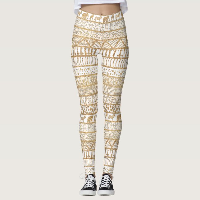 Trendy White Gold Tribal Afrikanisches Muster Leggings (Vorderseite)