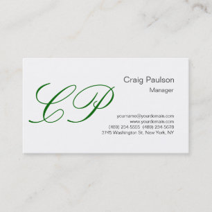 Trendy White Green Script Monogram Business Card Visitenkarte