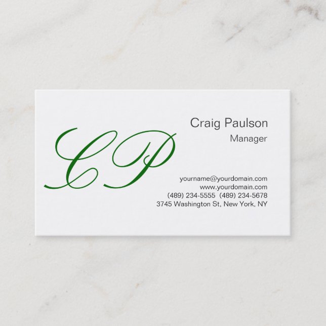 Trendy White Green Script Monogram Business Card Visitenkarte (Vorderseite)