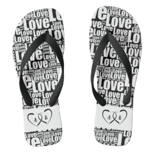 Trendy white Liebe typography & Two Hearts Flip Flops
