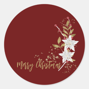 Trendy White Poinsettia Burgundy Gold Glitzer Gift Runder Aufkleber