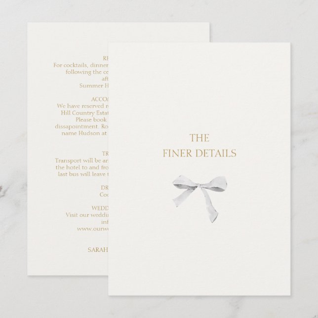 Trendy White Ribbon Wedding Details Enclosure Card Dankeskarte (Vorne/Hinten)