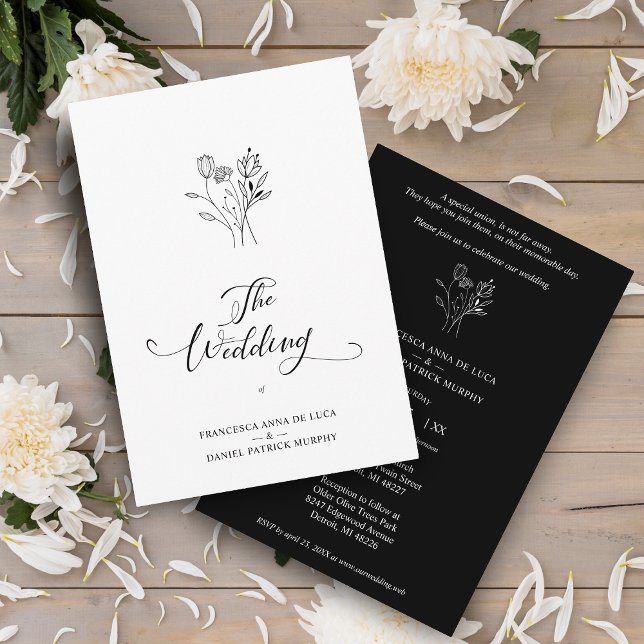 Trendy Wildblumen Bouquet Wedding Black & White Einladung (Von Creator hochgeladen)