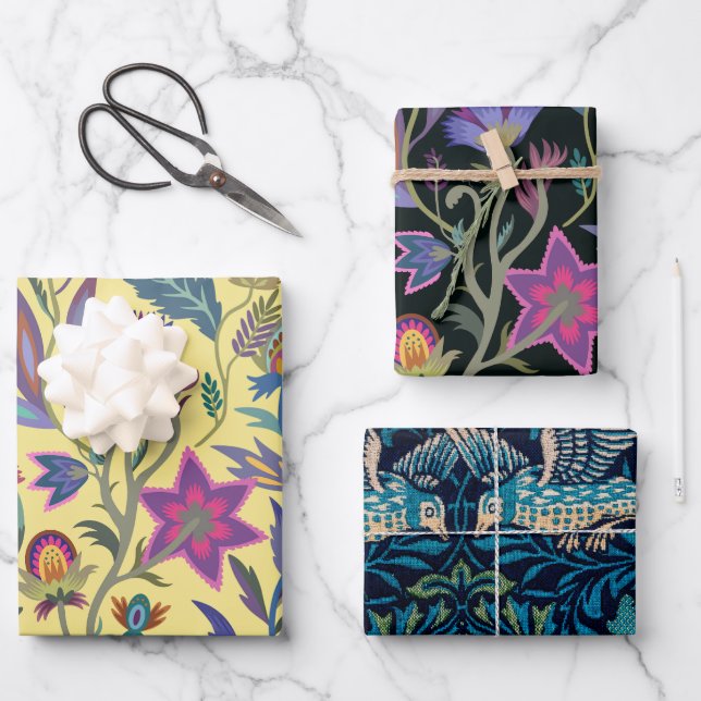 Trendy William Morris Blume und Vögel Geschenkpapier Set (Vorderseite)