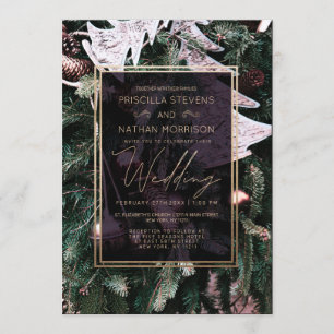 Trendy Winter Christmas Tree Gold Border Wedding Einladung