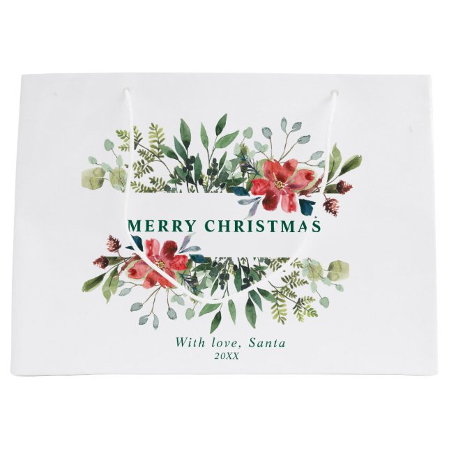 Trendy Winter Green Blätter mit roten Blume Große Geschenktüte (Vorderseite)