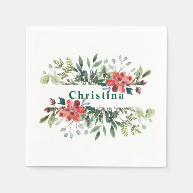 Trendy Winter Green Blätter mit roten Blume Serviette (Vorderseite)