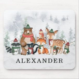 Trendy Winter Woodland Forest Baby Animals Mousepad