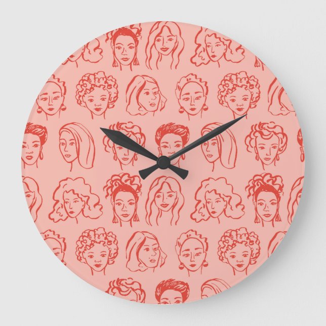 Trendy Woman Face Hand Drawn Große Wanduhr (Vorderseite)