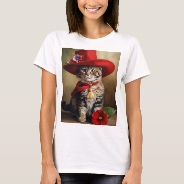 Trendy Women's T - Shirt Coole Katze mit Rot (Vorderseite)