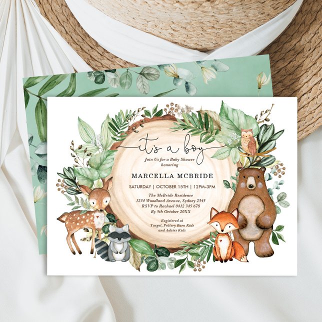 Trendy Woodland Grünpflanzen Tiere Boy Baby Shower Einladung (Von Creator hochgeladen)
