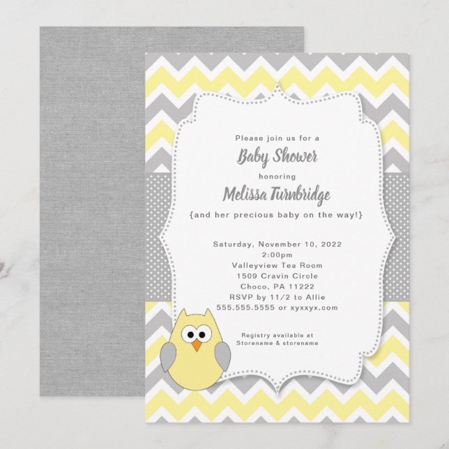 Trendy Yellow and Gray Owl Girl Babydusche Einladung (Vorne/Hinten)