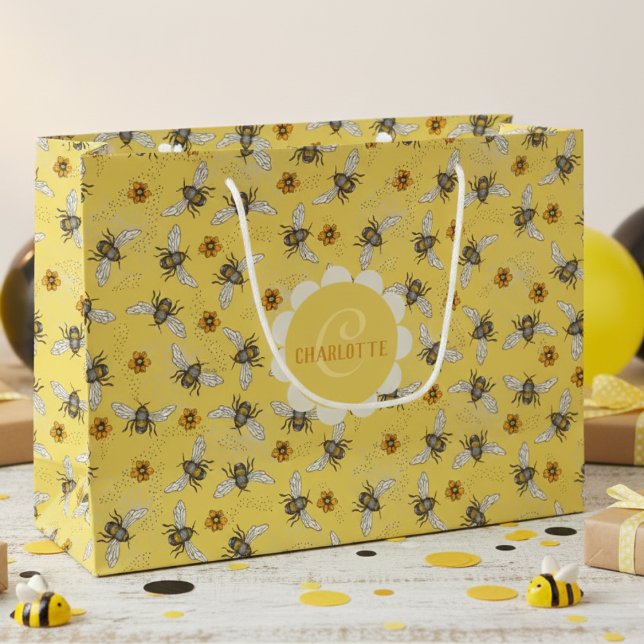 Trendy Yellow Buzzing Spring & Summer Honeybee Große Geschenktüte (Yellow Floral Bee Gift Bags for Nature Lover. Botanical Vintage Honeybee & Flowers Pattern For Her )