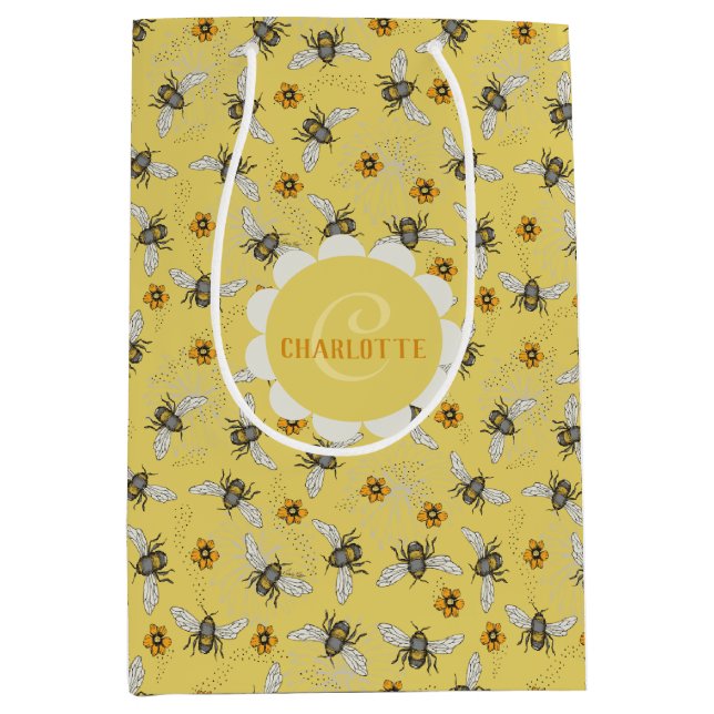 Trendy Yellow Buzzing Spring & Summer Honeybee Mittlere Geschenktüte (Vorderseite)