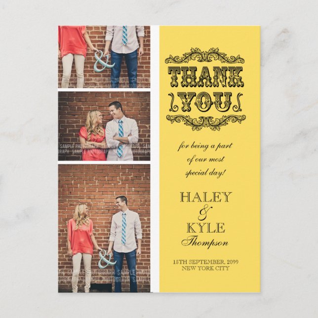 Trendy Yellow Foto Wedding Danke Post Card Postkarte (Vorderseite)