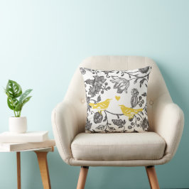 Trendy Yellow Grey and White Floral Bird Muster Kissen
