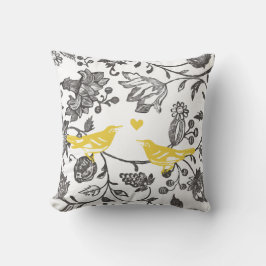 Trendy Yellow Grey and White Floral Bird Muster Kissen