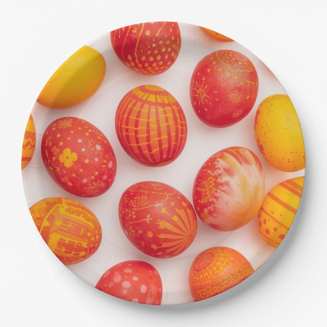 Trendy Yellow & Orange Easter Eggs Pattern Paper P Pappteller (Vorderseite)