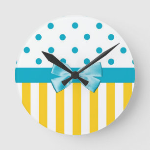 Trendy Yellow Stripes With Blue Ribbon Runde Wanduhr