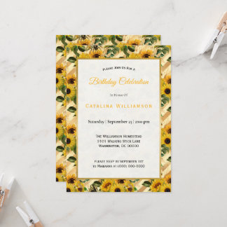 Trendy Yellow Sunflower Bees Stripe Birthday Einladung