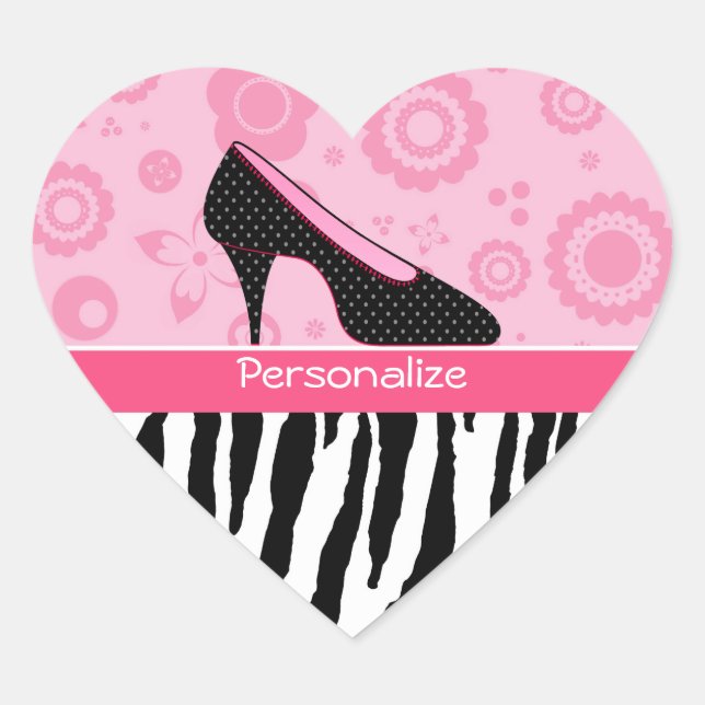 Trendy Zebra Girly Pink Schuhe mit Namen Herz-Aufkleber (Vorderseite)
