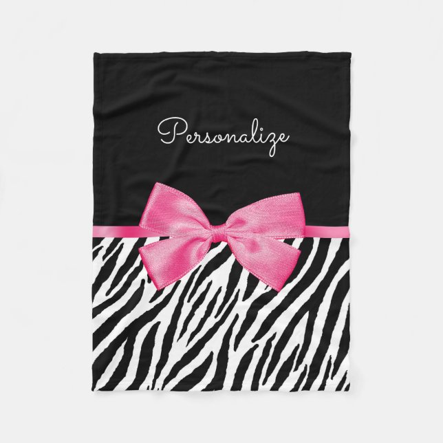 Trendy Zebra Print Chic Hot Pink Bow und Name Fleecedecke (Vorderseite)