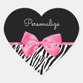 Trendy Zebra Print Chic Hot Pink Bow und Name Herz-Aufkleber
