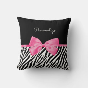Trendy Zebra Print Chic Hot Pink Bow und Name Kissen