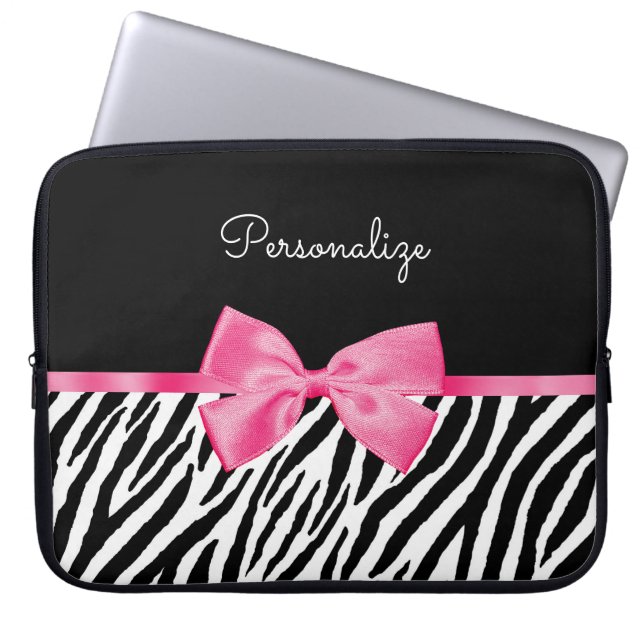 Trendy Zebra Print Chic Hot Pink Bow und Name Laptopschutzhülle (Vorderseite)