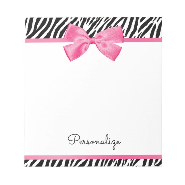 Trendy Zebra Print Chic Hot Pink Bow und Name Notizblock (Vorderseite)