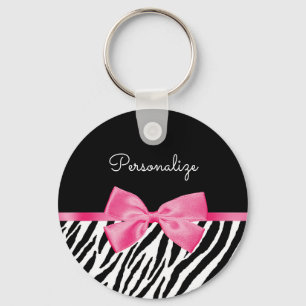 Trendy Zebra Print Chic Hot Pink Bow und Name Schlüsselanhänger