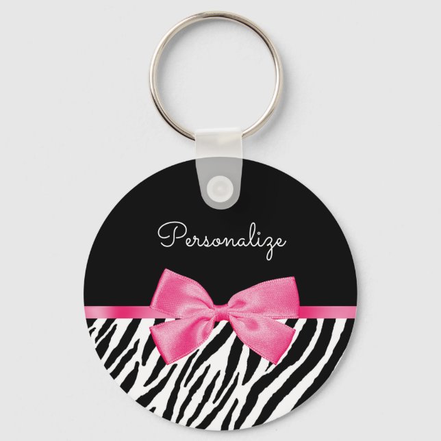 Trendy Zebra Print Chic Hot Pink Bow und Name Schlüsselanhänger (Vorderseite)