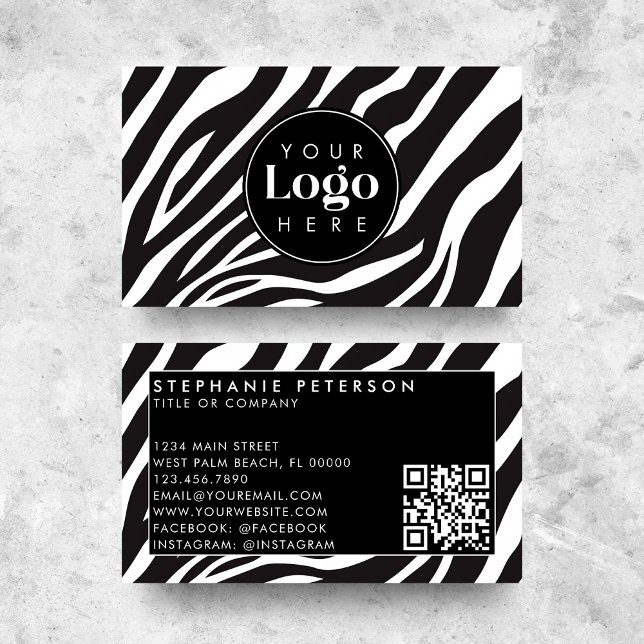 Trendy Zebra Print Custom Company Logo QR Code Visitenkarte (Von Creator hochgeladen)