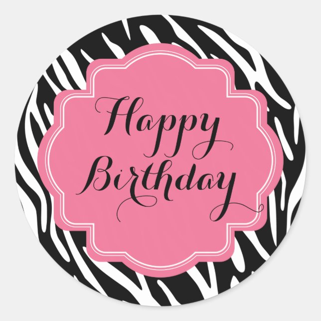 Trendy Zebra Print Pink Happy Birthday Stickers (Vorderseite)
