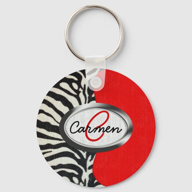Trendy Zebra Print und Neon Red Monogram Schlüsselanhänger (Vorderseite)