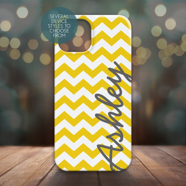 Trendy Zickzack Muster mit Namen - gelb grau Case-Mate iPhone Hülle (Personalized Phone Case with Yellow Chevrons and Large Script Name on the Side)