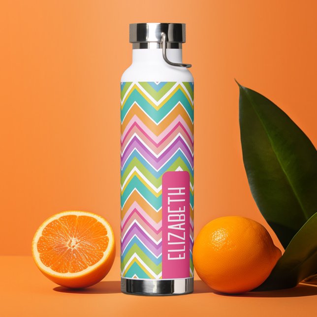 Trendy Zickzack Pattern großer Namensblock pink gr Trinkflasche (Personalized water bottle with custom text - chevrons)